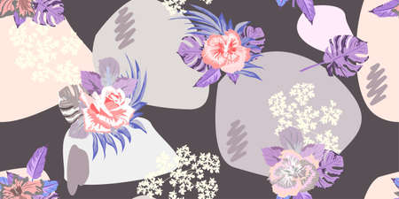 Tropical seamless floral pattern with hibiscus, roses and exotic leaves. Horizontal floral...