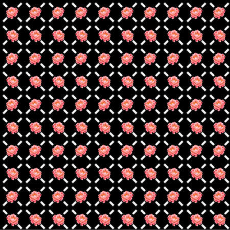 Small red roses and simple geometric ornament on black background. Vector seamless pattern with floral print. For printing on fabric, gift wrapping, covers, wallpapers, clothes, home textiles.のイラスト素材