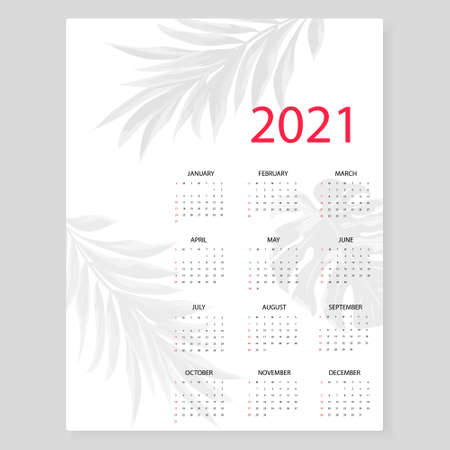 Calendar 2021. Simple minimal design with shadow from palm leaves. Week starts from Sunday.のイラスト素材