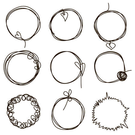 Set of hand drawn scribble circles. Collection of abstract round frames in doddles style. Round design element. Continuous line. Vector. Isolated on white background.のイラスト素材