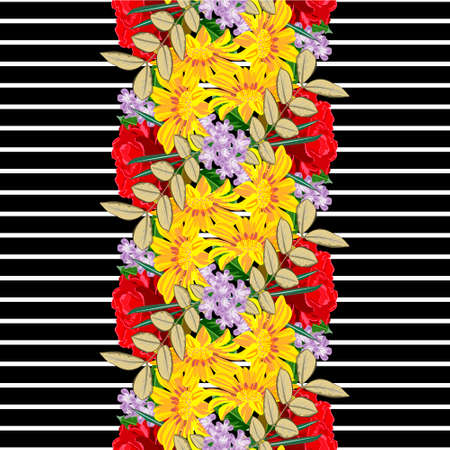 Seamless pattern with red roses and yellow garden flowers on striped background. Flower background for textile, cover, wallpaper, gift packaging, printing.Romantic design for calico, silk. Vertical border.のイラスト素材