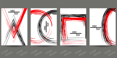 Abstract minimal geometric backgrounds set.Red and black geometric pattern with brush strokes on white background. For printing on covers, banners, sales, flyers. Modern design. Vector.のイラスト素材