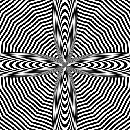 Abstract black and white striped background. Geometric pattern with visual distortion effect. Optical illusion. Op art.のイラスト素材