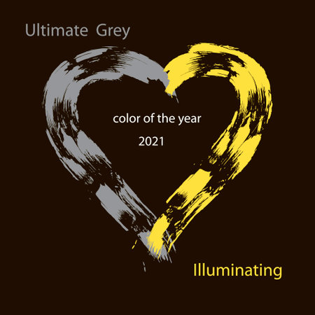 Ultimate Gray and Illuminating - color of the Year 2021. Heart painted with brush strokes. Trendy vector illustration for flyers, posters, presentations, invitations, covers. Isolated on black background.のイラスト素材