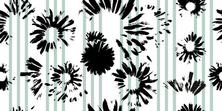 Hand-drawn seamless pattern with floral print. Abstract black daisies on on white with light green stripes background. Vector pattern for printing on fabric, gift wrapping, covers, wallpapers.のイラスト素材