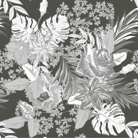 Seamless monochrome background with tropical flowers and leaves. Design for fabric, wallpaper, gift wrapping. Printing for silk, cotton and home textiles. Vintage natural drawing. Vector.のイラスト素材