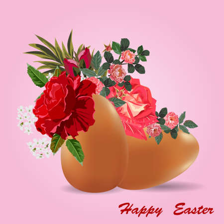 Happy Easter. Festive background with realistic chicken eggs and red roses. Vector illustration for postcards, posters, advertisements, websites.のイラスト素材