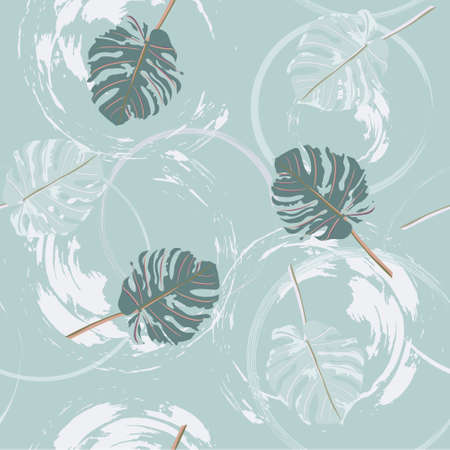 Seamless pattern with monstera leaves and brush strokest. Floral background for printing on fabric,...