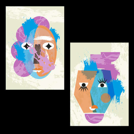 Modern face portrait. Creative minimalism of geometric shapes and brush strokes.のイラスト素材