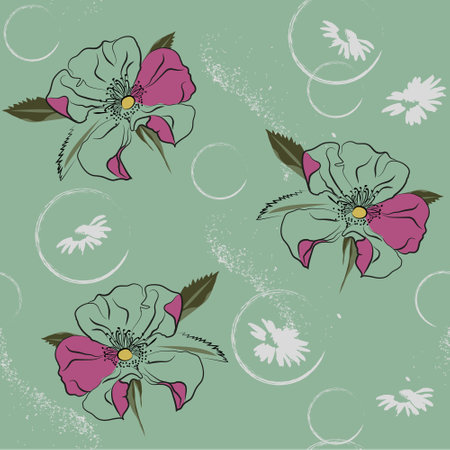 Seamless pattern with contour flowers of wild rose, daisies and brush strokes. Floral background for printing on fabric, clothing, home textiles, wallpaper, gift wrapping.のイラスト素材