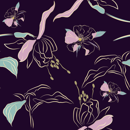 Luxurious floral seamless pattern with contour roses and leaves on dark purple background. Floral background for printing on fabric, clothing, home textiles, wallpaper, gift wrapping.Line art.のイラスト素材