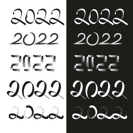 New Year 2022. Set of hand-drawn numbers - symbol of the year 2022. Black and white numbers drawn with brushes for covers, greetings, holidays, posters, cards, sales, branding. Vector. Isolated lettering.のイラスト素材