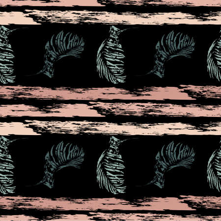 Seamless tropical pattern with palm leaves and horizontal stripes. Hand-drawn natural background with grunge effect for printing on fabric, clothing, home textiles, wallpaper, gift wrapping.のイラスト素材
