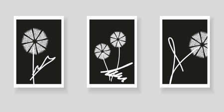 Set of minimalistic elegant wall decor posters. Hand-drawn abstract dandelions on black background. Creative templates for weddings, invitations, birthday, parties, cards, posters, covers, social media.のイラスト素材