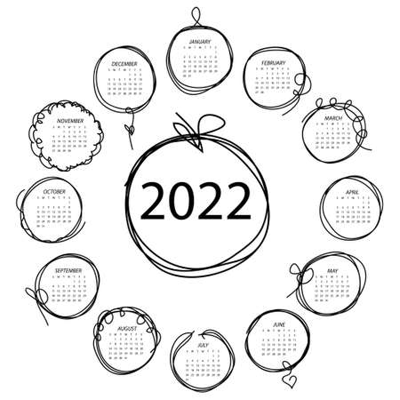 Calendar 2022. Black and white vector template with round frames in doddles style. Week starts on Sunday. Continuous line frames.のイラスト素材