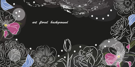 Abstract floral background with white contour flowers on black. Minimalistic luxury design for poster, banner, packaging, congratulations. Line art.のイラスト素材