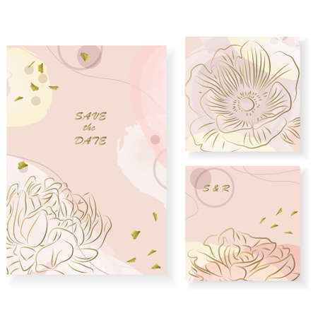 Luxurious pink background with contoured golden flowers and watercolor effect. Set of creative templates for weddings, invitations, birthday, parties, cards.のイラスト素材