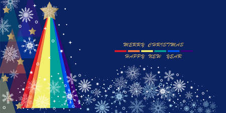 Colorful Christmas and New Year banner for the LGBT community. Rainbow Christmas tree and snowflakes on a dark blue background.のイラスト素材