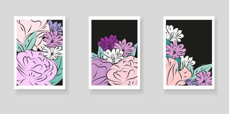 Set of minimalistic elegant botanical wall decor posters. Hand-drawn contour flowers on black background. Creative templates for weddings, invitations, birthday, parties, cards, posters, coversのイラスト素材