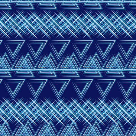Ethnic seamless background with geometric pattern. Blue background in traditional tribal folk style. Design for textile, cover, wallpaper, gift packaging, printing.のイラスト素材