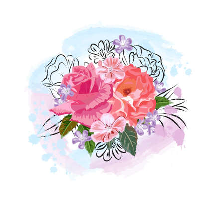 Bouquet of pink roses with watercolor effect in the background. Decor elements for greeting cards, wedding invitations, birthday and other celebrations. Isolated on white background.のイラスト素材
