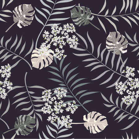 Tropical seamless pattern with palm leaves, monstera and cute white flowers. Design for cloth,...