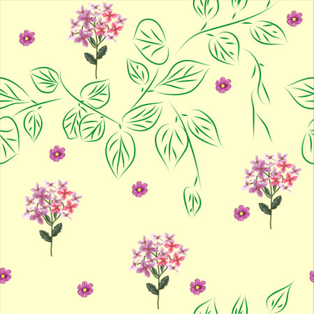 Hand-drawn seamless pattern with floral print. Abstract pink small flowers and twigs with leaves on yellow background. For printing on fabric, gift wrapping, cover, home textiles.のイラスト素材