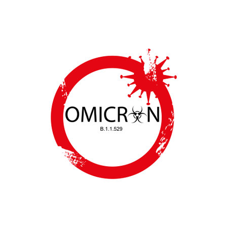 Omicron is a new strain of the coronavirus. Black inscription with biohazard sign in red round frame with grunge effect.のイラスト素材