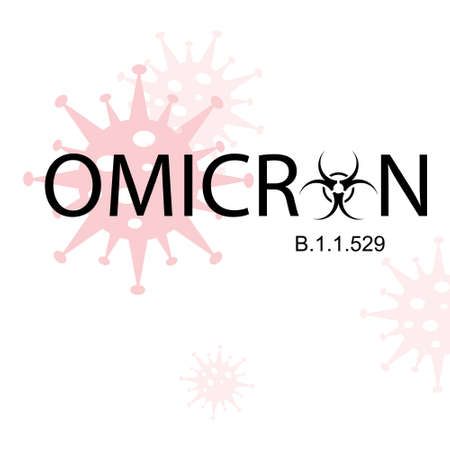 Omicron is a new strain of the coronavirus. Black inscription with biohazard sign on the background of vector symbols of the virus.のイラスト素材