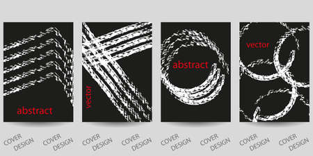 Abstract minimal grunge backgrounds set. White geometric pattern with brush strokes on black background. For printing on covers, banners, sales, flyers. Modern design. Vector. EPS10のイラスト素材