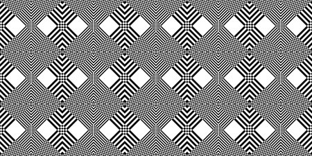 Geometric seamless black and white background with striped quadrangles. For the design of packaging, wallpaper, fabric, web. Visual distortion. Optical illusion. Op art.のイラスト素材
