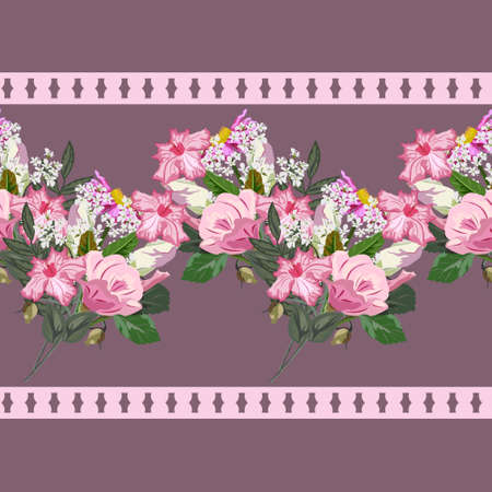 Seamless background with beautiful pink garden flowers. Design for cloth, wallpaper, gift wrapping. Print for silk, calico and home textiles.Vintage natural pattern. horizontal border.のイラスト素材