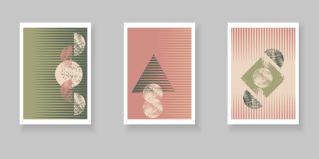 Set of artistic creative abstract backgrounds. hand drawn texture. Design for poster, postcards, invitations, brochures, leaflets. Green and pink geometric pattern with geometric and grunge elements.のイラスト素材