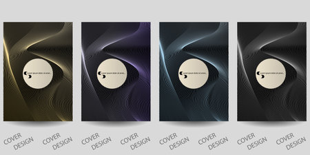 Luxury geometric background set. Gold, silver, blue, purple geometric pattern with wavy texture of thin lines on black background. For printing on covers, banners, sales, flyers. modern design.のイラスト素材