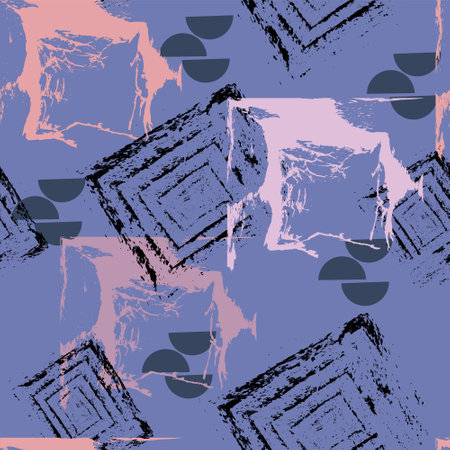 Hand-drawn seamless geometric pattern with brush strokes .Pink and black geometric shapes on purple background in graffiti style. Vector pattern for printing on fabric, gift wrapping, covers.のイラスト素材
