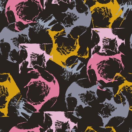 Hand-drawn seamless geometric pattern with brush strokes .Pink, purple, mustard geometric shapes on black background in graffiti style. Vector pattern for printing on fabric, gift wrapping, covers.のイラスト素材