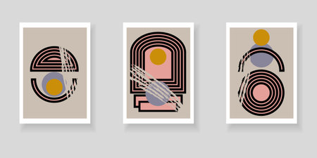 Set of minimalistic elegant wall decor posters. Geometric pattern of lines and shapes. Creative templates for cards, posters, covers, home decor.のイラスト素材
