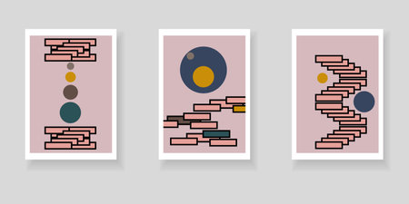 Set of minimalistic elegant wall decor posters. Geometric pattern of lines and shapes. Creative templates for cards, posters, covers, home decor.のイラスト素材