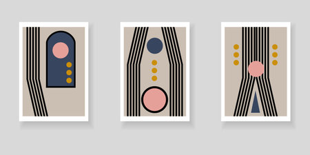 Set of minimalistic elegant wall decor posters. Geometric pattern of lines and shapes. Creative templates for cards, posters, covers, home decor.のイラスト素材