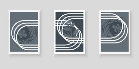 Set of minimalist elegant wall decor posters. Geometric pattern of lines, brush strokes, abstract twigs. Creative templates for cards, posters, covers, home decor.のイラスト素材