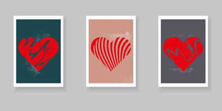 Happy Valentine's Day. Simple flat set of templates with hearts and halftone effect. Trendy backgrounds design for covers, greetings, holidays, posters, cards, sales, promotions. Vector.のイラスト素材