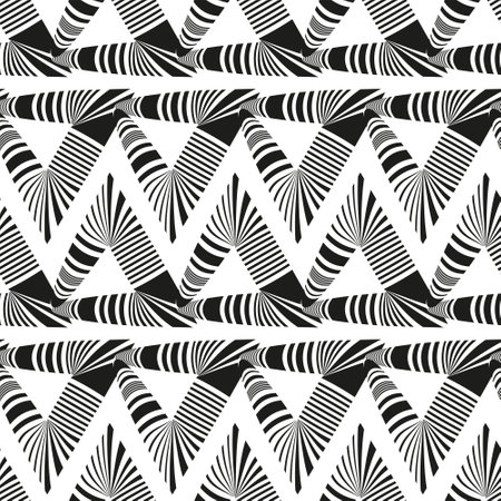 Seamless black and white geometric pattern. Striped abstract triangles shapes with visual distortion effect. Monochrome background for textile, cover, wallpaper, gift packaging, printingのイラスト素材