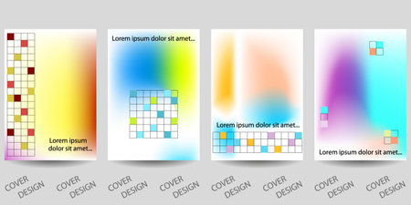 Trendy template for design cover, poster, flyer. Layout set for sales, presentations. Colorful background in vibrant gradient colors and a grid of colorful squares. Vector.のイラスト素材