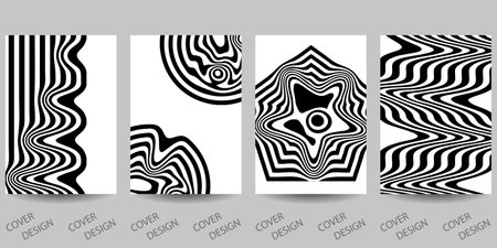 Trendy template for design cover, poster, flyer. Layout set for sales, presentations. Minimal geometric background in black and white with wavy, striped printのイラスト素材