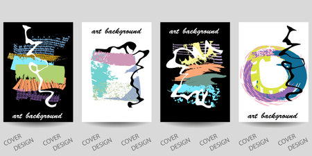 Abstract minimal geometric backgrounds set.Colorful geometric pattern with art grunge texture hand-drawn with brushes. For printing on covers, banners, sales, flyers. modern design. Vector.のイラスト素材