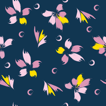 Hand-drawn seamless pattern with floral print. Abstract pink and yellow flowers with grunge effect on dark blue background. Vector pattern for printing on fabric, gift wrapping, coversのイラスト素材