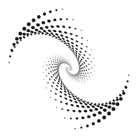 Abstract halftone spiral. Vector halftone dots background for design banners, posters, business projects, pop art texture, covers. geometric black and white textureのイラスト素材