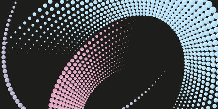 Halftone texture with blue and pink dots on a black background. Vector halftone dots background for design banners, posters, business projects, pop art texture, covers. trendy gradient spirals.のイラスト素材