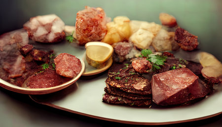 Meat dishes with bowlの写真素材