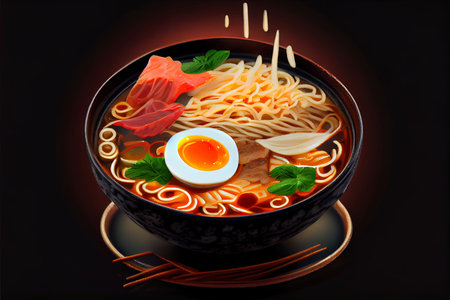 Fresh and prepared Ramen asian noodle in broth Ai generated image
